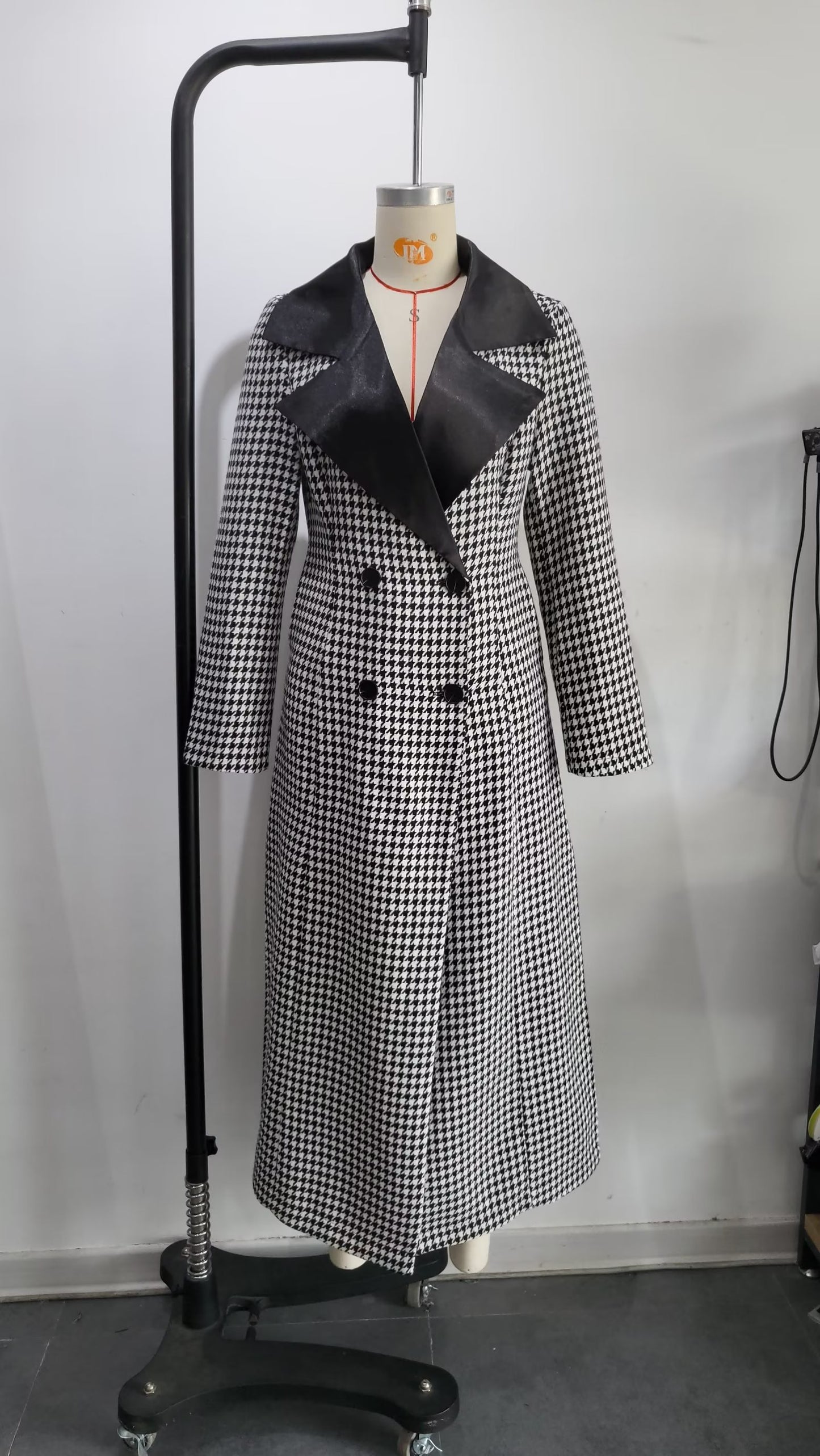 Winter Polo Collar Long Sleeve Double Breasted Houndstooth Overcoat Coat for Women