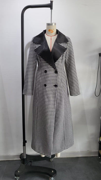 Winter Polo Collar Long Sleeve Double Breasted Houndstooth Overcoat Coat for Women