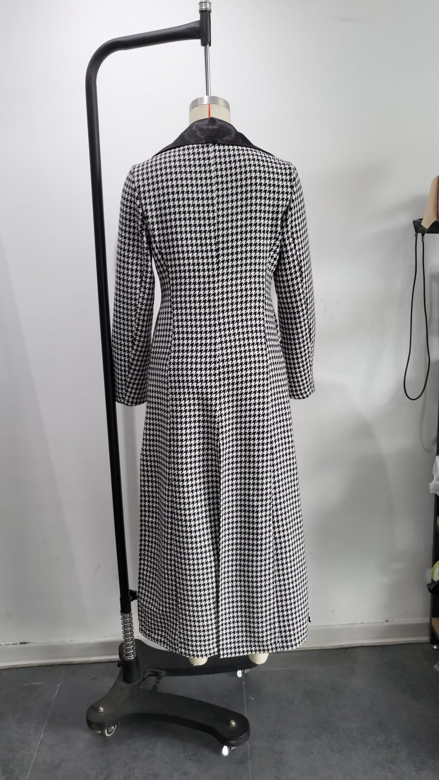 Winter Polo Collar Long Sleeve Double Breasted Houndstooth Overcoat Coat for Women