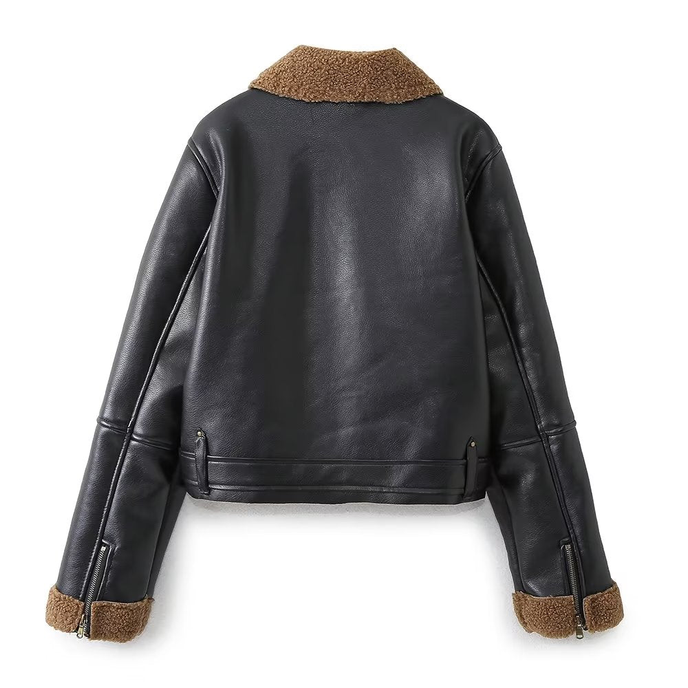 Women Clothing French Velvet Lining Motorcycle Jacket Coat