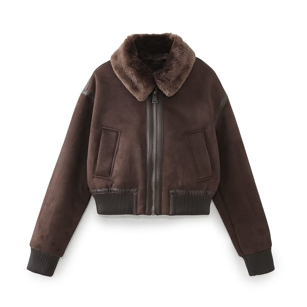 Women Autumn Y2g Double Sided Faux Shearling Jacket Short Zipper Jacket