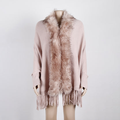 Autumn Winter Tassel Cape Shawl Fur Collar Cloak Solid Color Cardigan Sweater