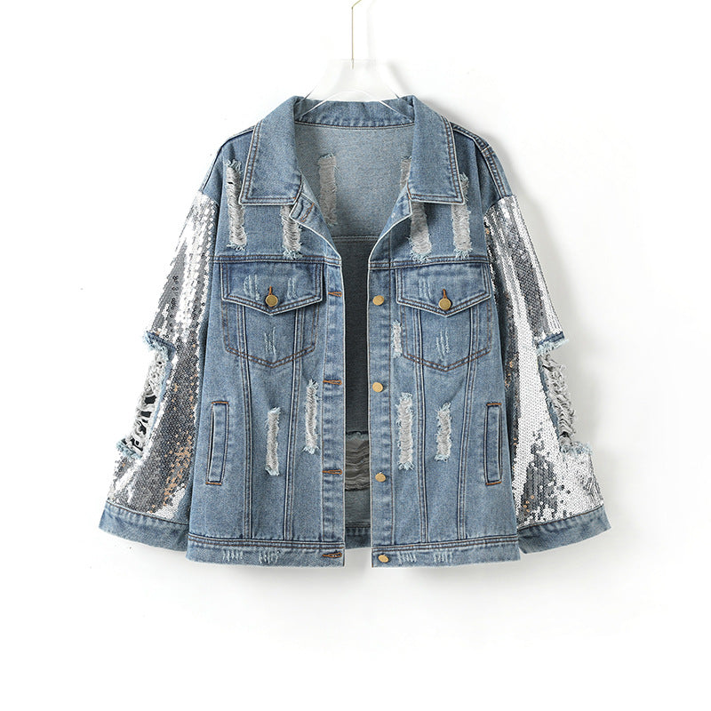 Women Loose Hole Sequined Denim Jacket