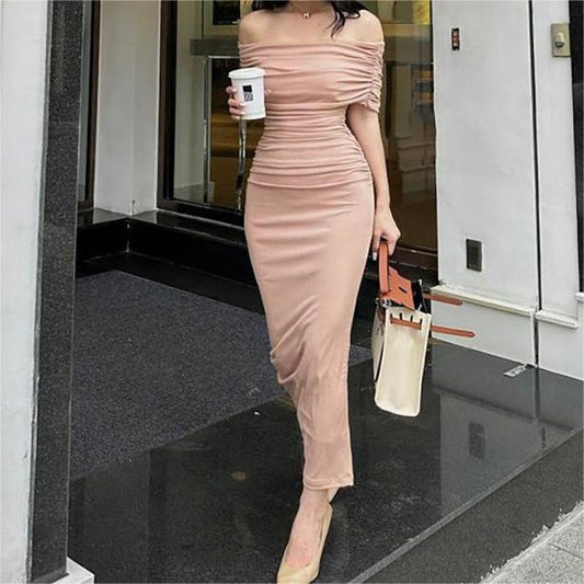 Spring Off Shoulder Pleated Dress Slim Fit Slimming Slit Bottoming Formal Dress