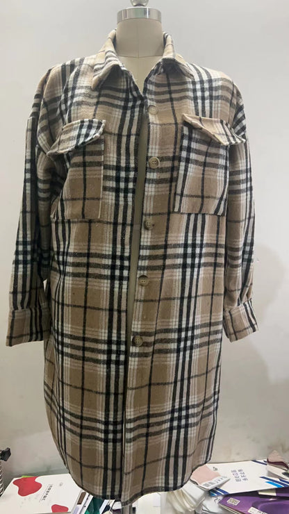 Women Autumn Winter Plaid Woolen Coat