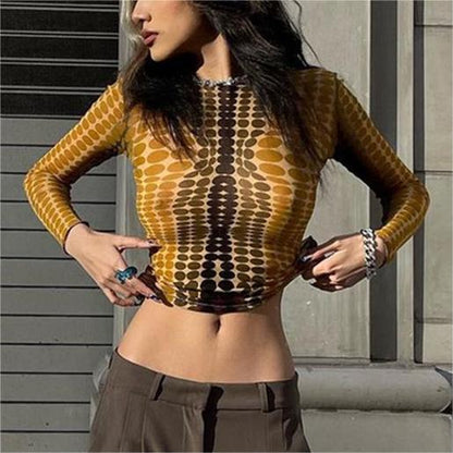 Autumn Street Polka Dot Printed Slim Fit Cropped Long Sleeved Top T Shirt for Women