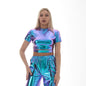 Metallic Coated Fabric Solid Color Shiny Patent Leather Glue Coated Stage Wear Small Turtleneck Performance Wear Short Sleeve Bare Cropped Women