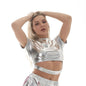 Metallic Coated Fabric Solid Color Shiny Patent Leather Glue Coated Stage Wear Small Turtleneck Performance Wear Short Sleeve Bare Cropped Women