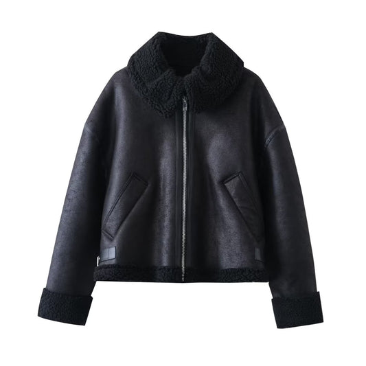 Women Clothing Winter Windproof Warm Thickened Faux Shearling Jacket Motorcycle Double Sided Jacket