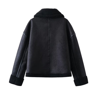 Women Clothing Winter Windproof Warm Thickened Faux Shearling Jacket Motorcycle Double Sided Jacket