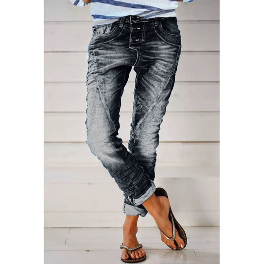 Ripped Denim Drawstring Elastic Waist Washed Women Casual Pants Tide