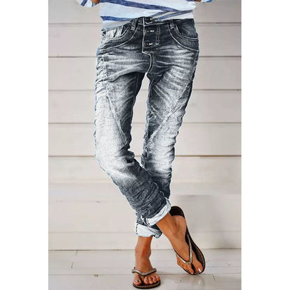 Ripped Denim Drawstring Elastic Waist Washed Women Casual Pants Tide