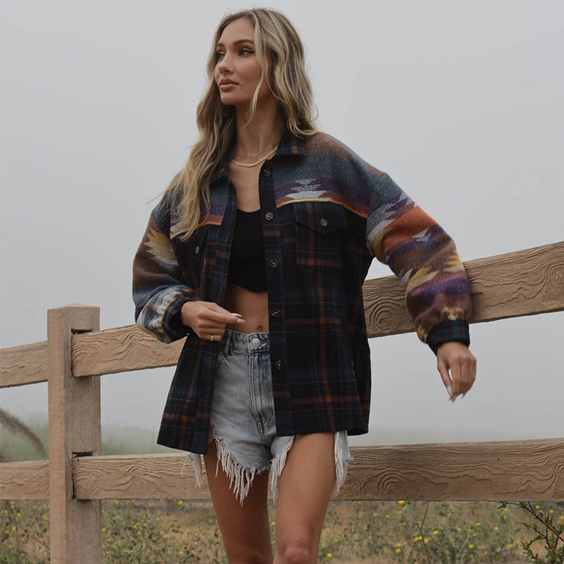 Autumn Winter Aztec Plaid Stitching Woolen Coat Polo Collar Jacket Top