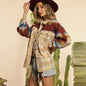 Autumn Winter Aztec Plaid Stitching Woolen Coat Polo Collar Jacket Top