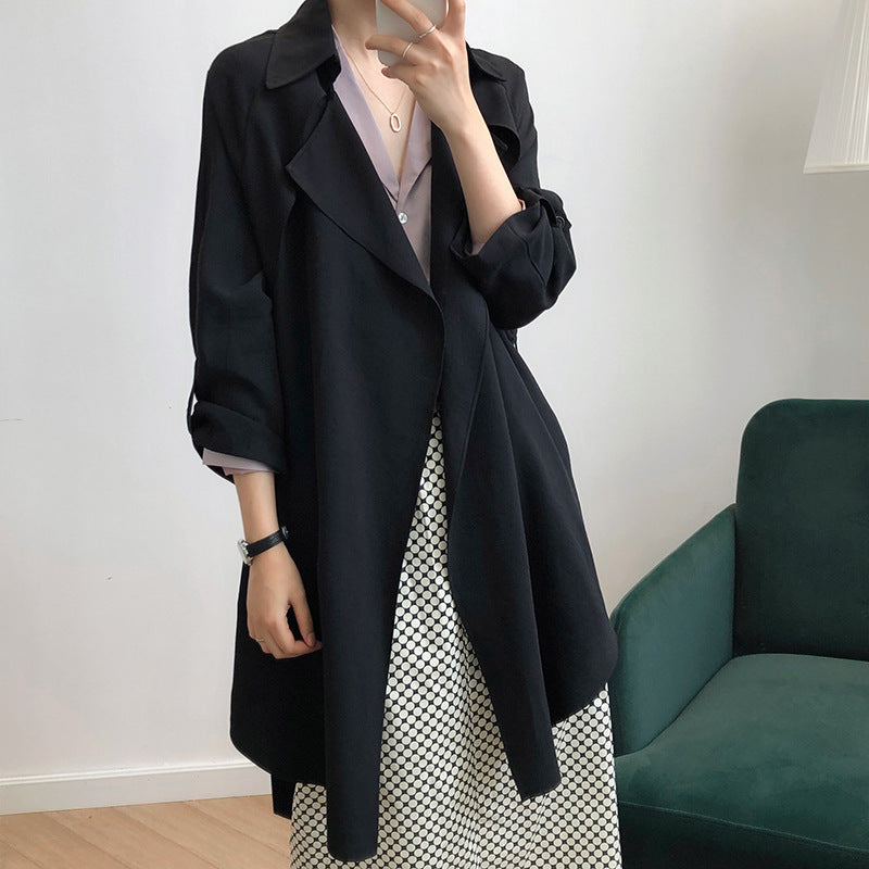 Autumn Thin Trench Coat Women Mid-Length Korean Waist-Controlled Lace-up Loose Spring Autumn Coat