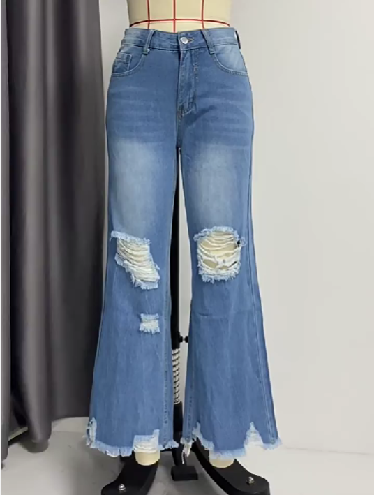 Tassel Water Washed Hole Women's Jeans Long Casual Mid High Waist Wide Leg Pants Trousers