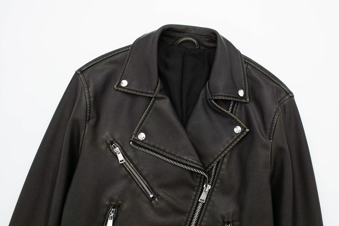 Women All Match Solid Color Zipper Ornament Long Sleeve Washed Faux Leather Motorcycle Jacket