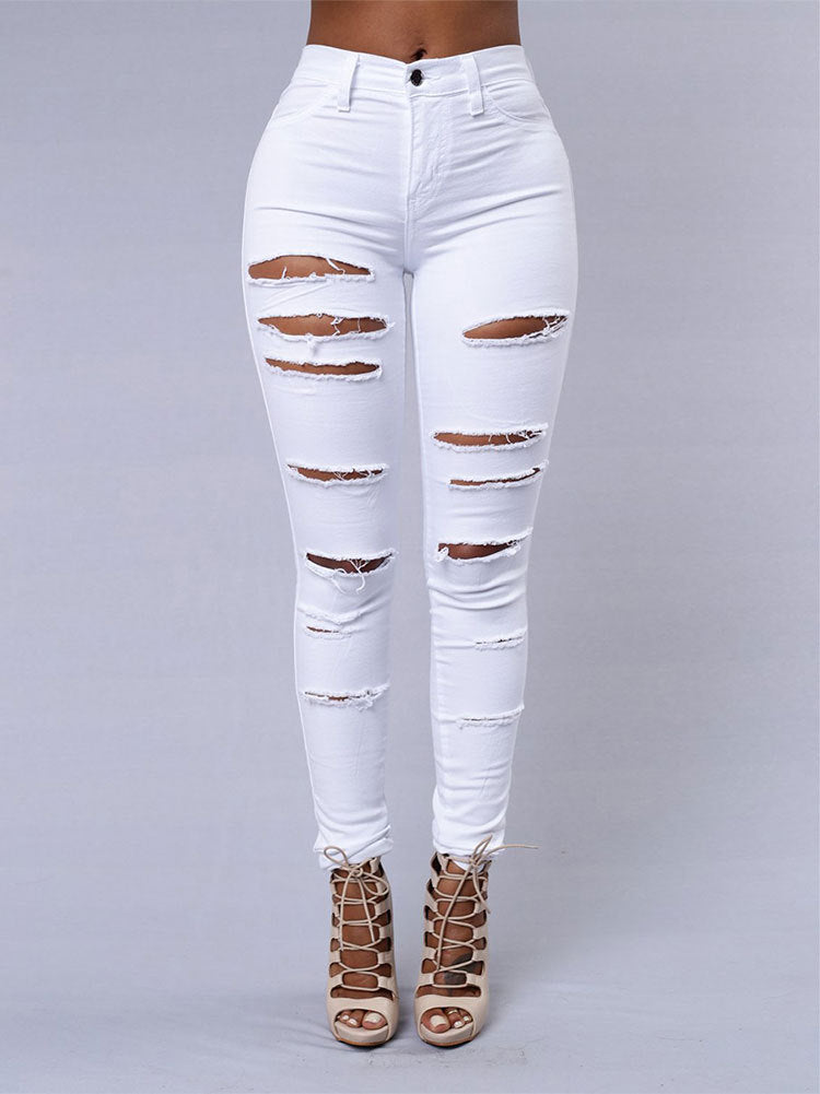 Women High Waist Summer Jeans Stretch Ripped Ankle Tied Denim Skinny Ankle Length Pants Women