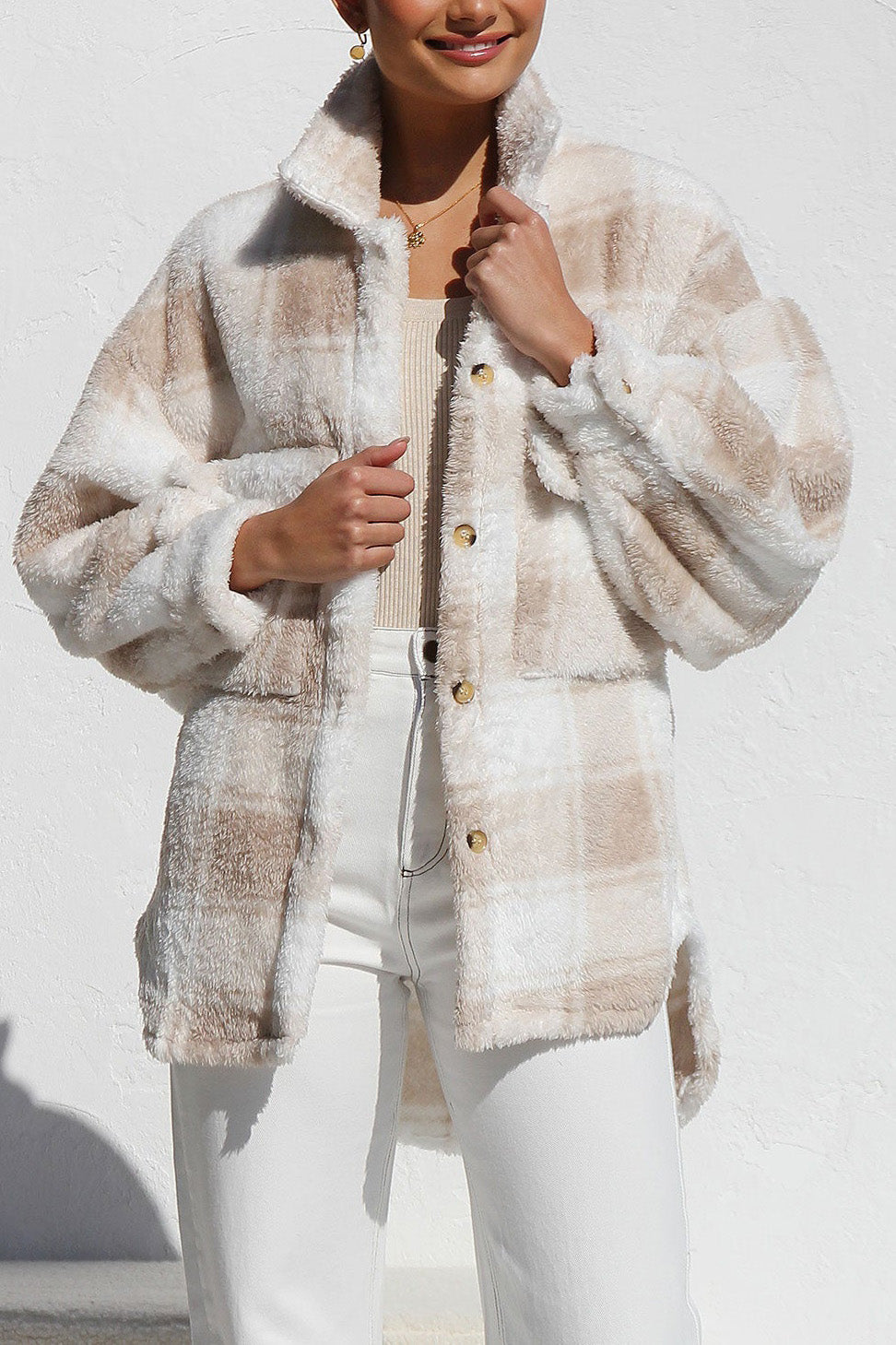 Ladies Fall Winter Jacket Arctic Plush Plaid Elegant Loose All Matching Collared Button Coat