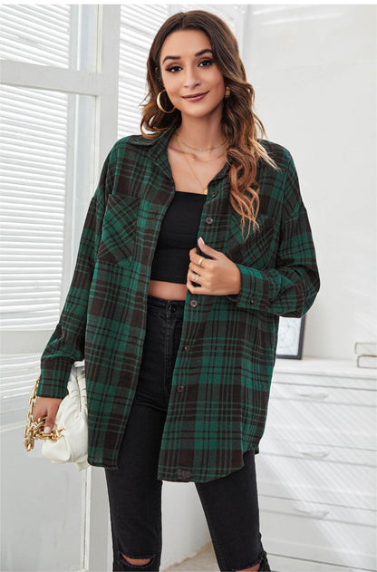 Casual Button Pocket Plaid Printed Loose Shacket