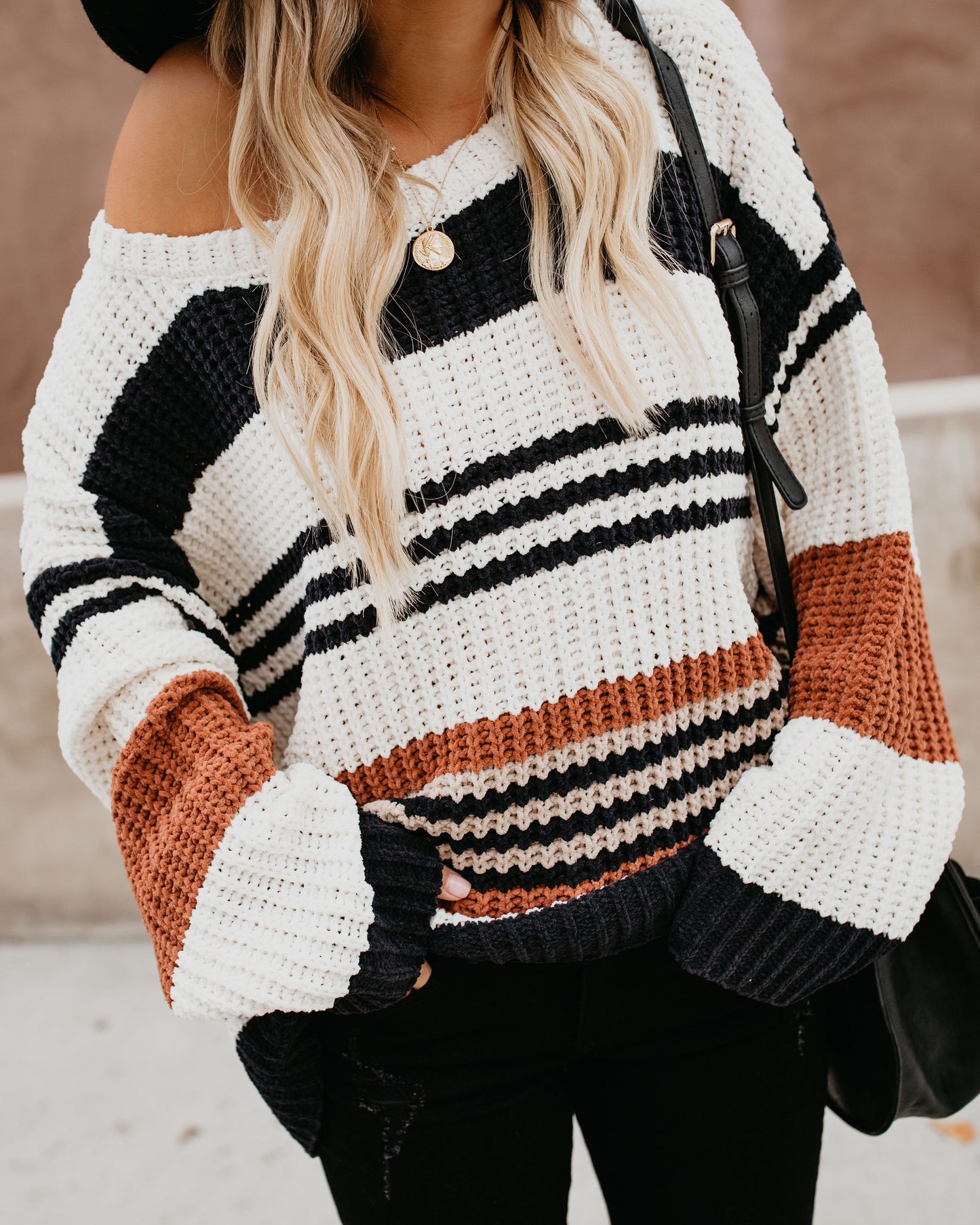 Autumn Winter Women Loose Pullover Patchwork Thick Knitwear Striped Sweater