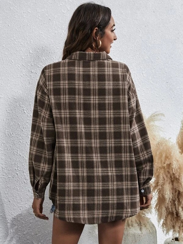 Fall Women Clothing Shirts Single Breasted Plaid Cardigan