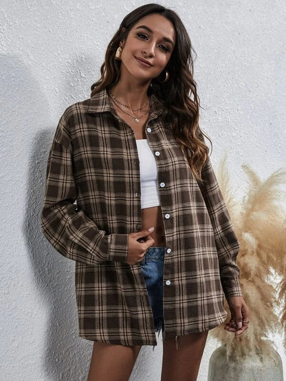 Fall Women Clothing Shirts Single Breasted Plaid Cardigan