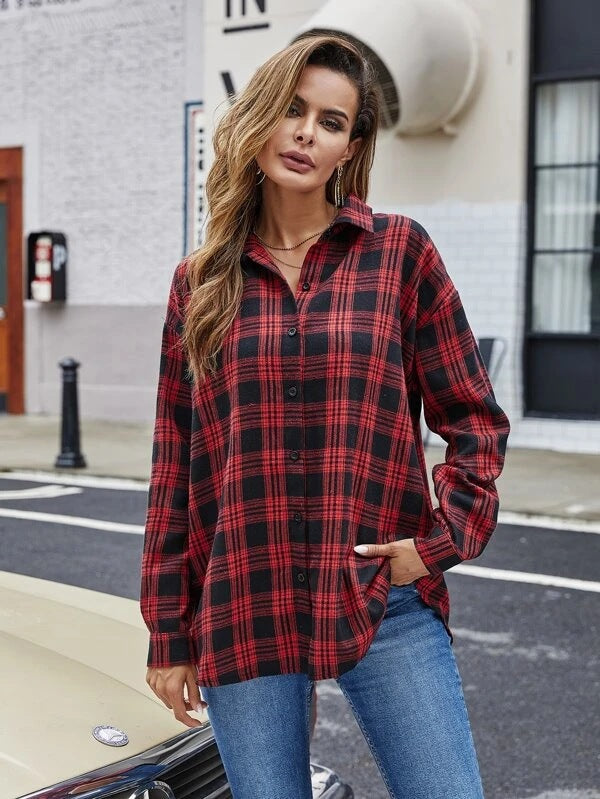 Fall Women Clothing Shirts Single Breasted Plaid Cardigan