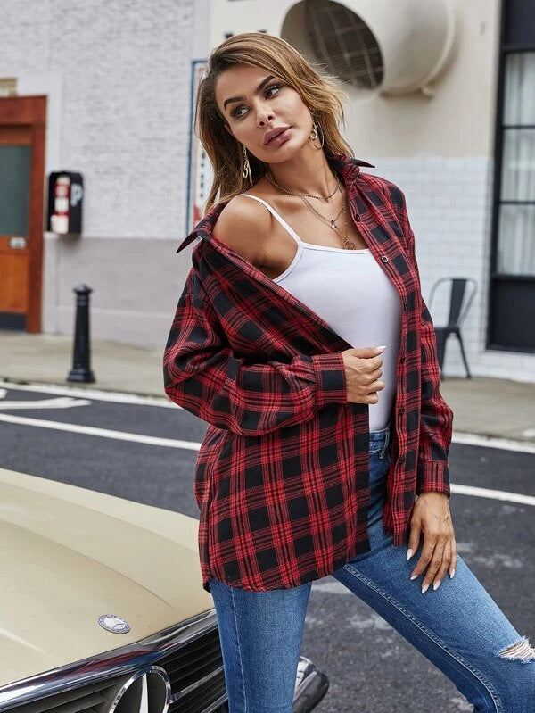 Fall Women Clothing Shirts Single Breasted Plaid Cardigan