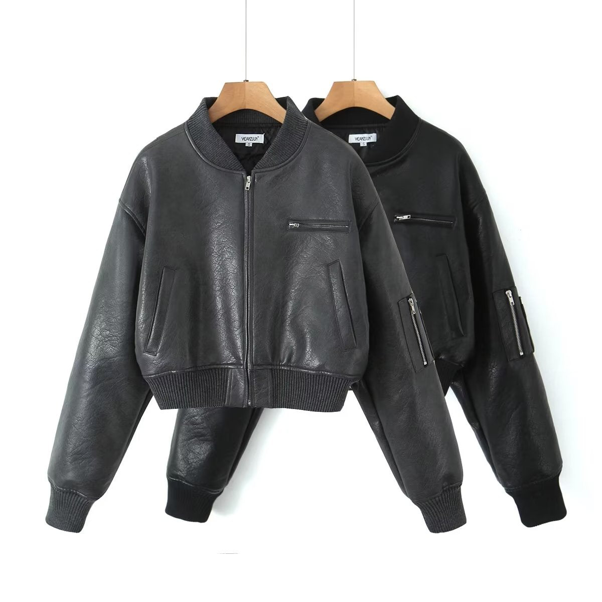 Retro Faux Leather Cotton Jacket Coat for Women Autumn Winter Sexy Stand Collar Zipper Short Varsity Jacket