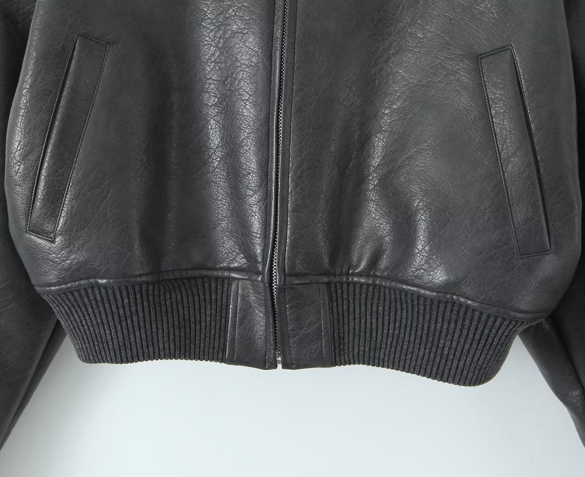 Retro Faux Leather Cotton Jacket Coat for Women Autumn Winter Sexy Stand Collar Zipper Short Varsity Jacket