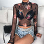 Long Sleeve Cupid Printed T shirt Women Autumn Half Turtleneck Sheer Mesh See-through cropped Street Top Women