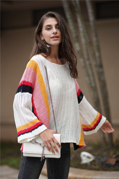 Autumn Winter Sweater Popular Loose Patchwork Knitting Rainbow Women Top