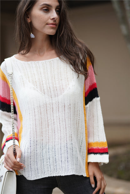 Autumn Winter Sweater Popular Loose Patchwork Knitting Rainbow Women Top