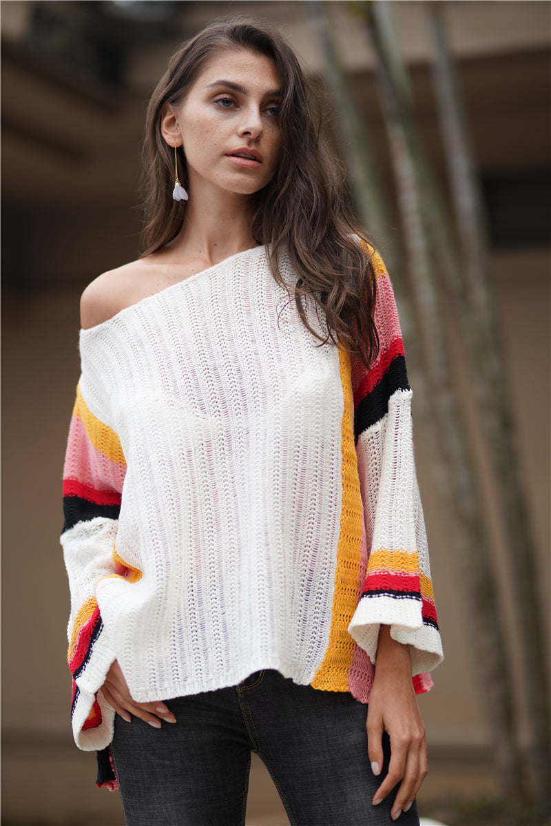 Autumn Winter Sweater Popular Loose Patchwork Knitting Rainbow Women Top