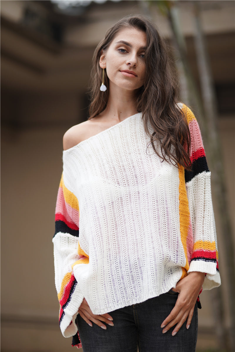 Autumn Winter Sweater Popular Loose Patchwork Knitting Rainbow Women Top