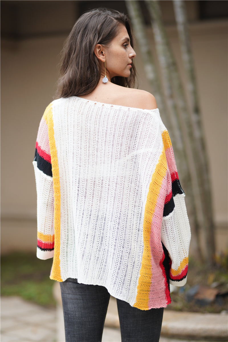 Autumn Winter Sweater Popular Loose Patchwork Knitting Rainbow Women Top