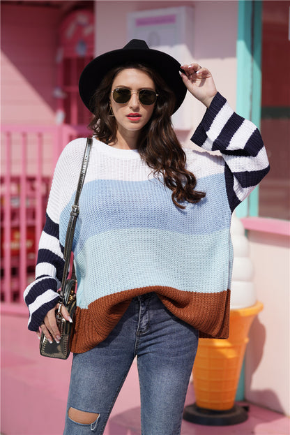 Autumn Winter Women Color Splicing Knitwear Pullover Office Loose Sweater Women