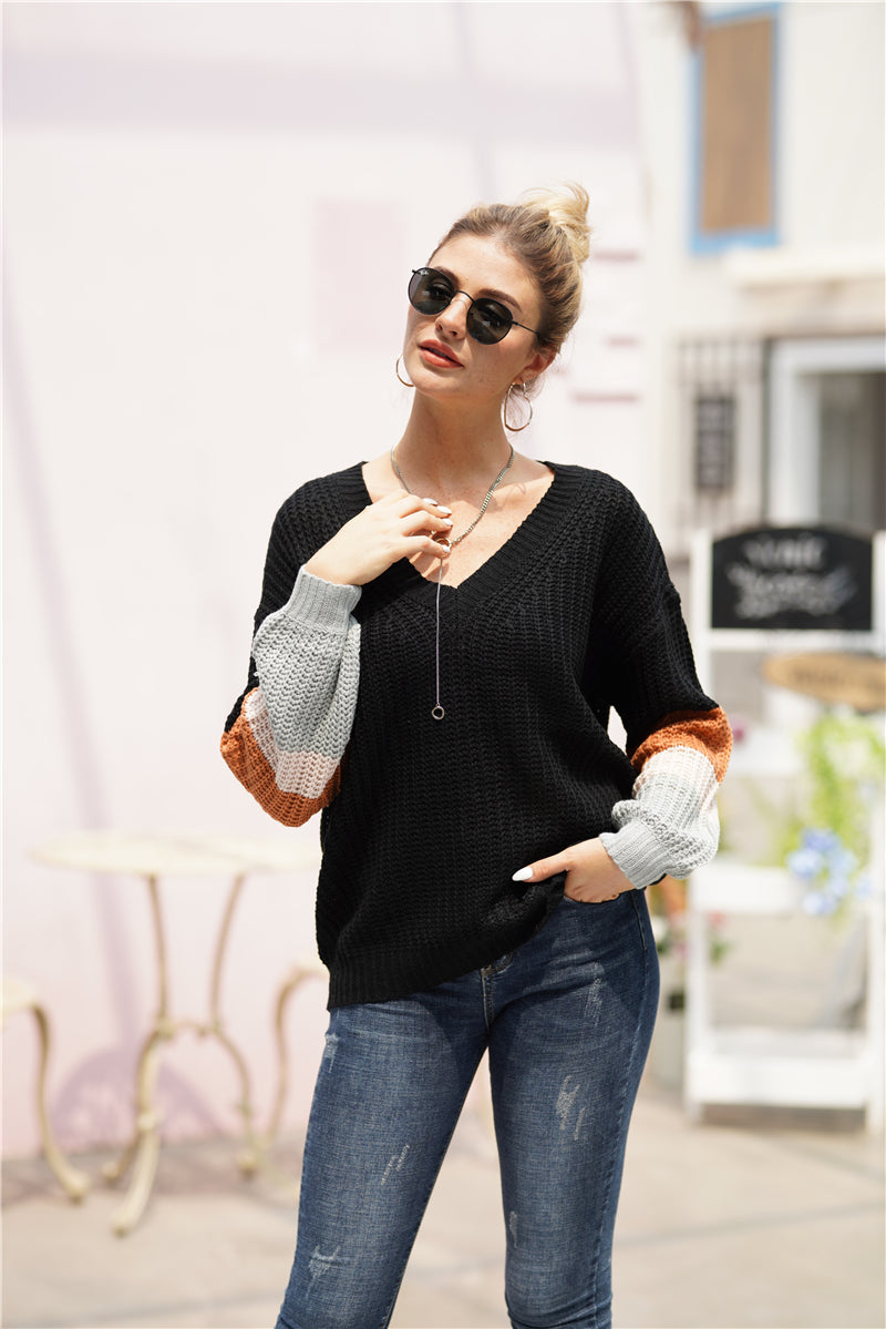 Autumn Winter Stitching Loose Sweater Pullover Round Neck All Matching Sweater Women