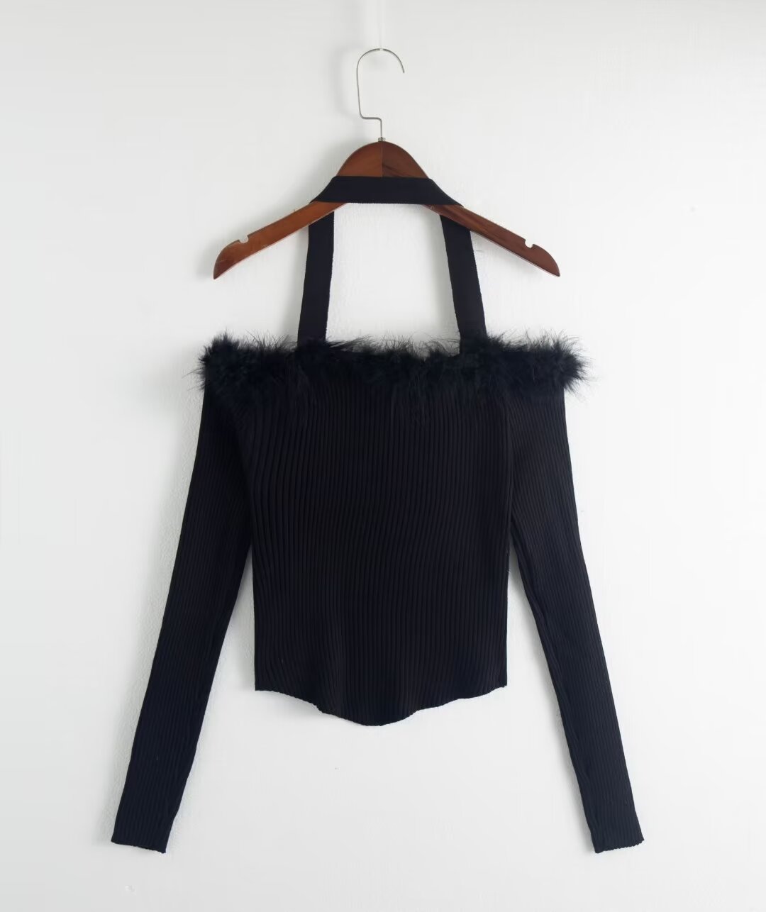 Autumn Winter Maillard Pure Sexy off-Shoulder Halter Slim Fit Base Furry Splicing Knitwear Women