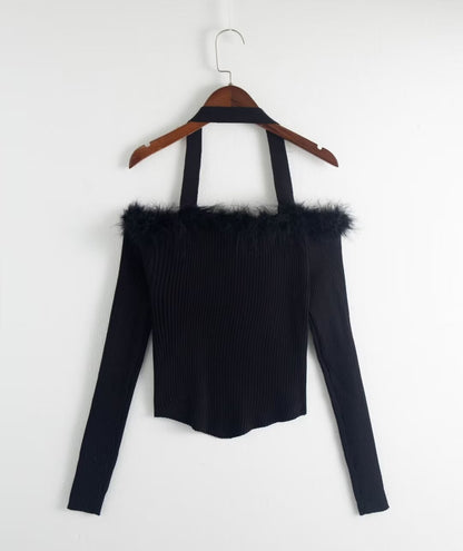 Autumn Winter Maillard Pure Sexy off-Shoulder Halter Slim Fit Base Furry Splicing Knitwear Women