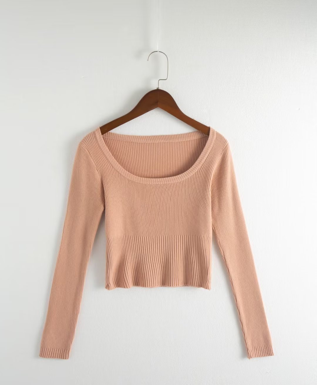 Autumn round Neck Slim Fit Short Long Sleeve Solid Color Women Knitwear Tops