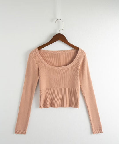 Autumn round Neck Slim Fit Short Long Sleeve Solid Color Women Knitwear Tops