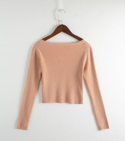 Autumn round Neck Slim Fit Short Long Sleeve Solid Color Women Knitwear Tops