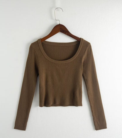 Autumn round Neck Slim Fit Short Long Sleeve Solid Color Women Knitwear Tops