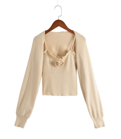 Buckle Free Shawl Long Sleeve V neck Sweater Lace Chest Floral Sling Vest Two Piece Set Top