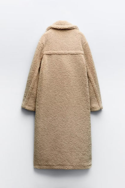 Autumn Winter Women Clothing Collared Thickening Mid Length Lamb Wool Long Overcoat Outerwear