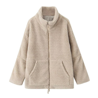 Women Clothing Autumn Winter Elegant Graceful Loose Casual Stand Collar Long Sleeve Zipper Woolen Coat