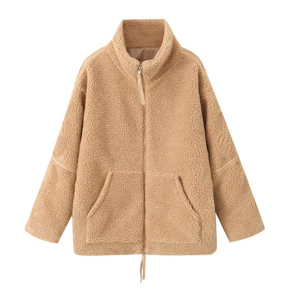 Women Clothing Autumn Winter Elegant Graceful Loose Casual Stand Collar Long Sleeve Zipper Woolen Coat