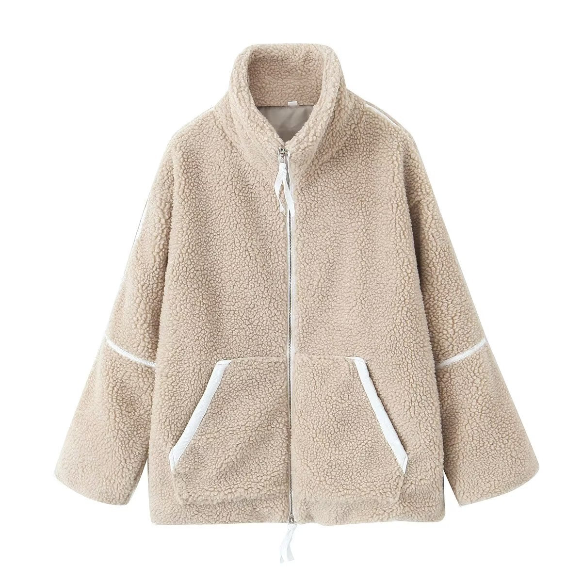 Women Clothing Autumn Winter Elegant Graceful Loose Casual Stand Collar Long Sleeve Zipper Woolen Coat